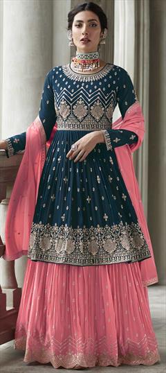 Engagement, Mehendi Sangeet, Reception Blue color Long Lehenga Choli in Georgette fabric with Embroidered, Sequence, Thread work : 1838209