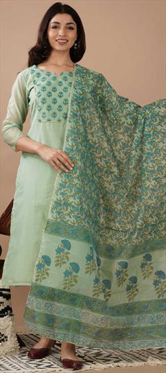 Designer, Festive, Party Wear Green color Salwar Kameez in Chanderi Silk fabric with Straight Block Print work : 1838214