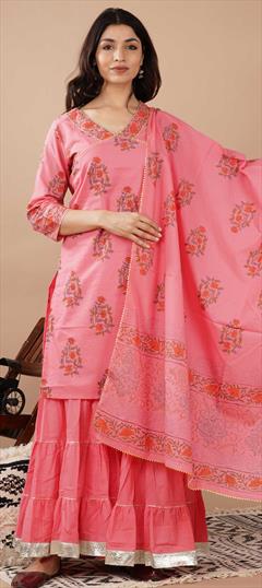 Designer, Festive, Party Wear Pink and Majenta color Salwar Kameez in Cotton fabric with Sharara Block Print work : 1838215
