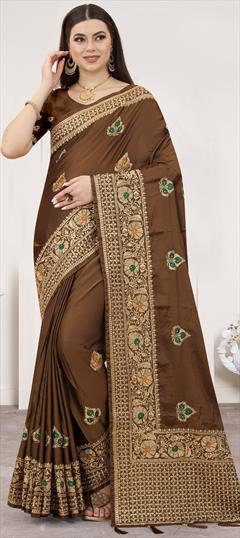 Reception, Traditional Beige and Brown color Saree in Satin Silk, Silk fabric with South Embroidered, Resham, Thread, Zari work : 1838226