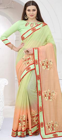 Party Wear, Traditional Green, Orange color Saree in Art Silk, Silk fabric with South Embroidered, Resham, Thread, Zari work : 1838241