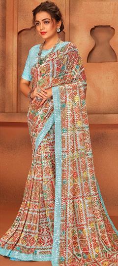 Designer, Party Wear, Reception Multicolor color Saree in Net fabric with Classic Digital Print, Floral, Sequence work : 1838264