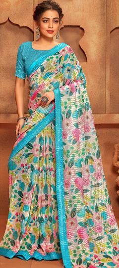 Designer, Party Wear, Reception Multicolor color Saree in Net fabric with Classic Digital Print, Floral, Sequence work : 1838266