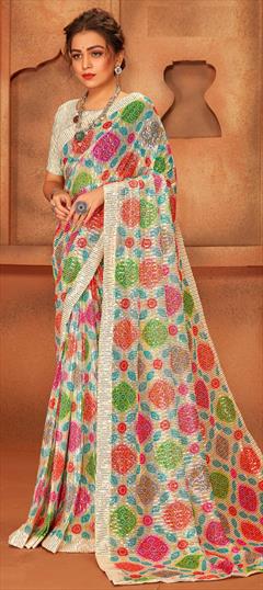 Designer, Party Wear, Reception Multicolor color Saree in Net fabric with Classic Digital Print, Floral, Sequence work : 1838275