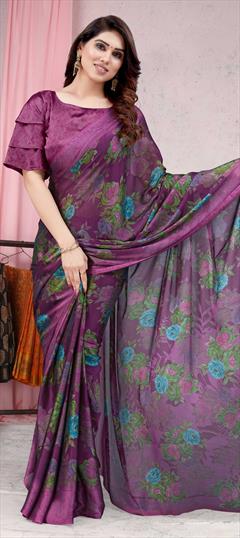 Bollywood, Casual, Party Wear Purple and Violet color Saree in Chiffon fabric with Classic Floral, Printed work : 1838313