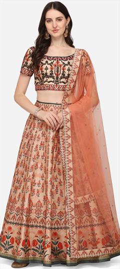 Engagement, Reception, Wedding Beige and Brown color Lehenga in Silk fabric with A Line Digital Print, Floral, Sequence work : 1838323