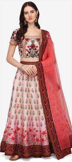 Engagement, Reception, Wedding Beige and Brown color Lehenga in Silk fabric with A Line Digital Print, Floral, Sequence work : 1838324