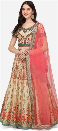 Engagement, Reception, Wedding Beige and Brown color Lehenga in Silk fabric with A Line Digital Print, Floral, Sequence work : 1838328