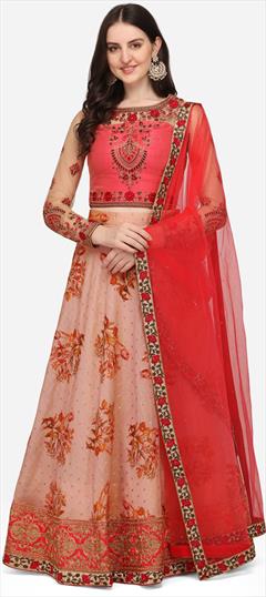 Mehendi Sangeet, Reception, Wedding Pink and Majenta color Lehenga in Chanderi Silk fabric with Flared Digital Print, Embroidered, Floral work : 1838332