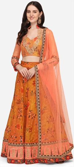 Mehendi Sangeet, Reception, Wedding Orange color Lehenga in Chanderi Silk fabric with Flared Digital Print, Embroidered, Floral work : 1838333