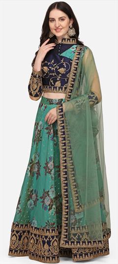 Mehendi Sangeet, Reception, Wedding Blue color Lehenga in Chanderi Silk fabric with Flared Digital Print, Embroidered, Floral work : 1838334