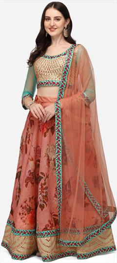 Mehendi Sangeet, Reception, Wedding Pink and Majenta color Lehenga in Chanderi Silk fabric with Flared Digital Print, Embroidered, Floral work : 1838335