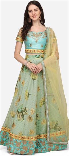 Mehendi Sangeet, Reception, Wedding Green color Lehenga in Chanderi Silk fabric with Flared Digital Print, Embroidered, Floral work : 1838336