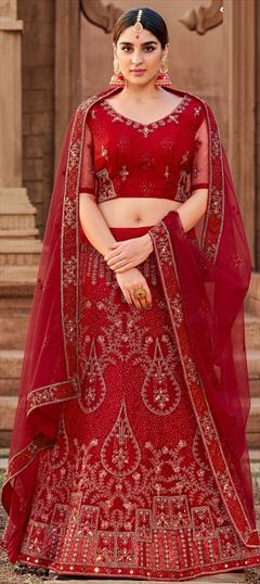 Mehendi Sangeet, Reception, Wedding Red and Maroon color Lehenga in Net fabric with A Line Embroidered, Mirror, Thread, Zari work : 1838365