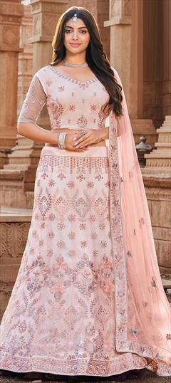 Mehendi Sangeet, Reception, Wedding Pink and Majenta color Lehenga in Net fabric with A Line Embroidered, Mirror, Thread, Zari work : 1838368