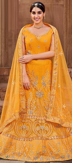 Mehendi Sangeet, Reception, Wedding Yellow color Lehenga in Net fabric with A Line Embroidered, Mirror, Thread, Zari work : 1838371