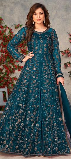 Festive, Party Wear, Reception Blue color Salwar Kameez in Net fabric with Anarkali, Slits Embroidered, Sequence, Thread work : 1838431