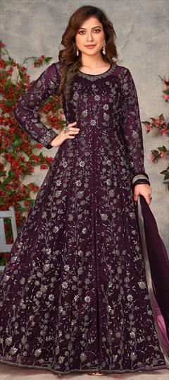 Festive, Party Wear, Reception Purple and Violet color Salwar Kameez in Net fabric with Anarkali, Slits Embroidered, Sequence, Thread work : 1838432