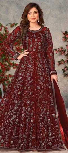 Festive, Party Wear, Reception Red and Maroon color Salwar Kameez in Net fabric with Anarkali, Slits Embroidered, Sequence, Thread work : 1838433