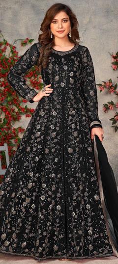 Festive, Party Wear, Reception Black and Grey color Salwar Kameez in Net fabric with Anarkali, Slits Embroidered, Sequence, Thread work : 1838434