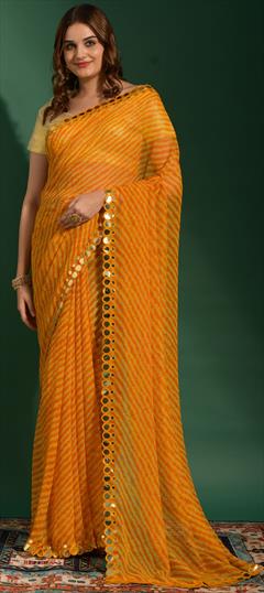 Festive, Party Wear Yellow color Saree in Chiffon fabric with Classic, Rajasthani Embroidered, Lehariya, Mirror, Printed work : 1838574