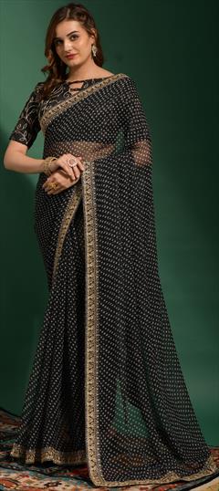 Festive, Party Wear Black and Grey color Saree in Chiffon fabric with Classic, Rajasthani Bandhej, Embroidered, Printed work : 1838592