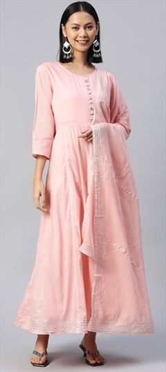 Party Wear Pink and Majenta color Kurti in Malmal fabric with Anarkali, Long Sleeve Gota Patti work : 1838668