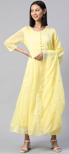 Party Wear Yellow color Kurti in Malmal fabric with Anarkali, Long Sleeve Gota Patti work : 1838670