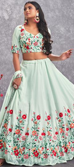 Bridal, Wedding Blue color Lehenga in Georgette fabric with A Line Embroidered, Sequence, Thread work : 1838699