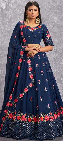Bridal, Wedding Blue color Lehenga in Georgette fabric with A Line Embroidered, Sequence, Thread work : 1838710