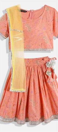 Pink and Majenta color Kids Lehenga in Cotton, Net fabric with Gota Patti, Printed work : 1838756