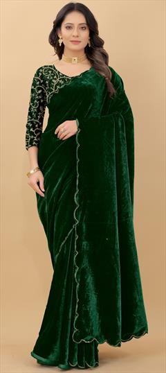 Festive, Party Wear, Reception Green color Saree in Velvet fabric with Classic Border, Embroidered, Thread work : 1838773