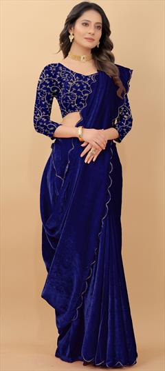 Festive, Party Wear, Reception Blue color Saree in Velvet fabric with Classic Border, Embroidered, Thread work : 1838775