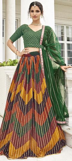 Festive, Reception, Wedding Multicolor color Lehenga in Georgette fabric with A Line Bandhej, Printed, Sequence, Thread work : 1838793