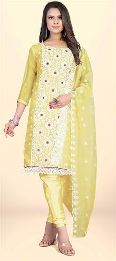 Casual, Party Wear Yellow color Salwar Kameez in Organza Silk fabric with Churidar, Straight Embroidered, Lace, Resham, Thread work : 1838796