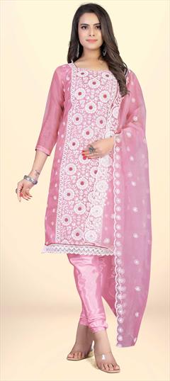 Casual, Party Wear Pink and Majenta color Salwar Kameez in Organza Silk fabric with Churidar, Straight Embroidered, Lace, Resham, Thread work : 1838797