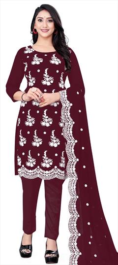 Festive, Party Wear Red and Maroon color Salwar Kameez in Georgette fabric with Straight Embroidered, Thread work : 1838935