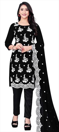 Festive, Party Wear Black and Grey color Salwar Kameez in Georgette fabric with Straight Embroidered, Thread work : 1838937