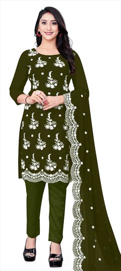 Festive, Party Wear Green color Salwar Kameez in Georgette fabric with Straight Embroidered, Thread work : 1838938