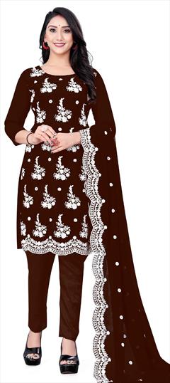 Festive, Party Wear Beige and Brown color Salwar Kameez in Georgette fabric with Straight Embroidered, Thread work : 1838941