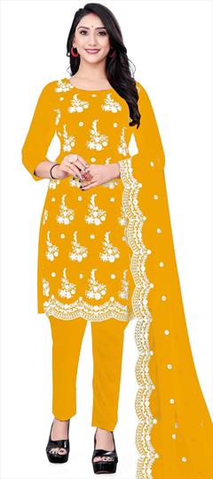 Festive, Party Wear Yellow color Salwar Kameez in Georgette fabric with Straight Embroidered, Thread work : 1838944