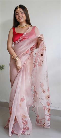 Party Wear, Traditional Pink and Majenta color Saree in Organza Silk, Silk fabric with South Bugle Beads, Printed, Sequence work : 1839004