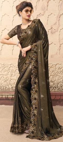 Bridal, Wedding Beige and Brown color Saree in Imported fabric with Classic Appliques, Mirror, Sequence work : 1839243