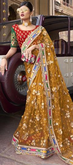 Bridal, Wedding Yellow color Saree in Net fabric with Classic Appliques, Mirror, Sequence, Thread work : 1839250