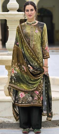 Festive, Party Wear Green color Salwar Kameez in Crepe Silk fabric with Palazzo, Straight Digital Print, Floral work : 1839282
