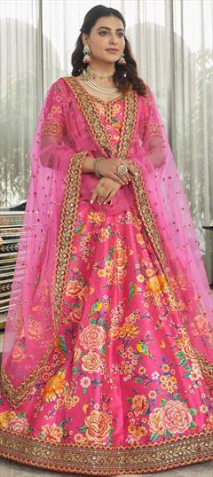Festive, Mehendi Sangeet, Reception Pink and Majenta color Lehenga in Art Silk fabric with A Line Digital Print, Floral, Sequence, Stone work : 1839691
