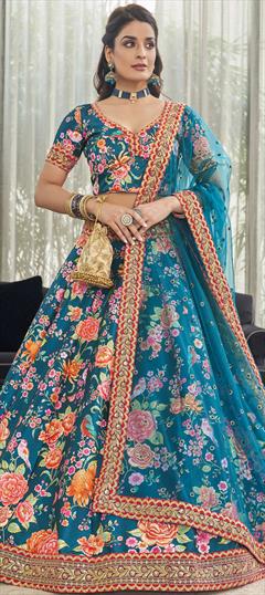 Festive, Mehendi Sangeet, Reception Blue color Lehenga in Art Silk fabric with A Line Digital Print, Floral, Sequence, Stone work : 1839697