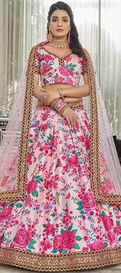 Festive, Mehendi Sangeet, Reception Pink and Majenta color Lehenga in Art Silk fabric with A Line Digital Print, Floral, Sequence, Stone work : 1839699