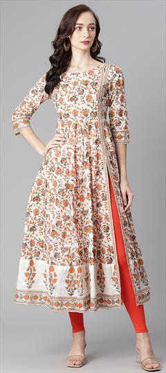 Casual Beige and Brown color Tunic with Bottom in Cotton fabric with Slits Floral, Printed work : 1839712