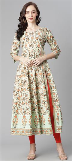 Casual Green color Tunic with Bottom in Cotton fabric with Slits Floral, Printed work : 1839716
